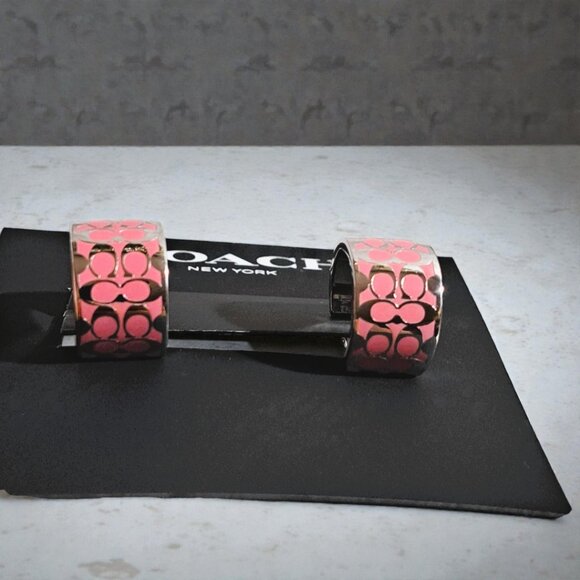 Coach Signature Enamel Huggie Earrings in Silver & Pink NWT - Picture 9 of 14